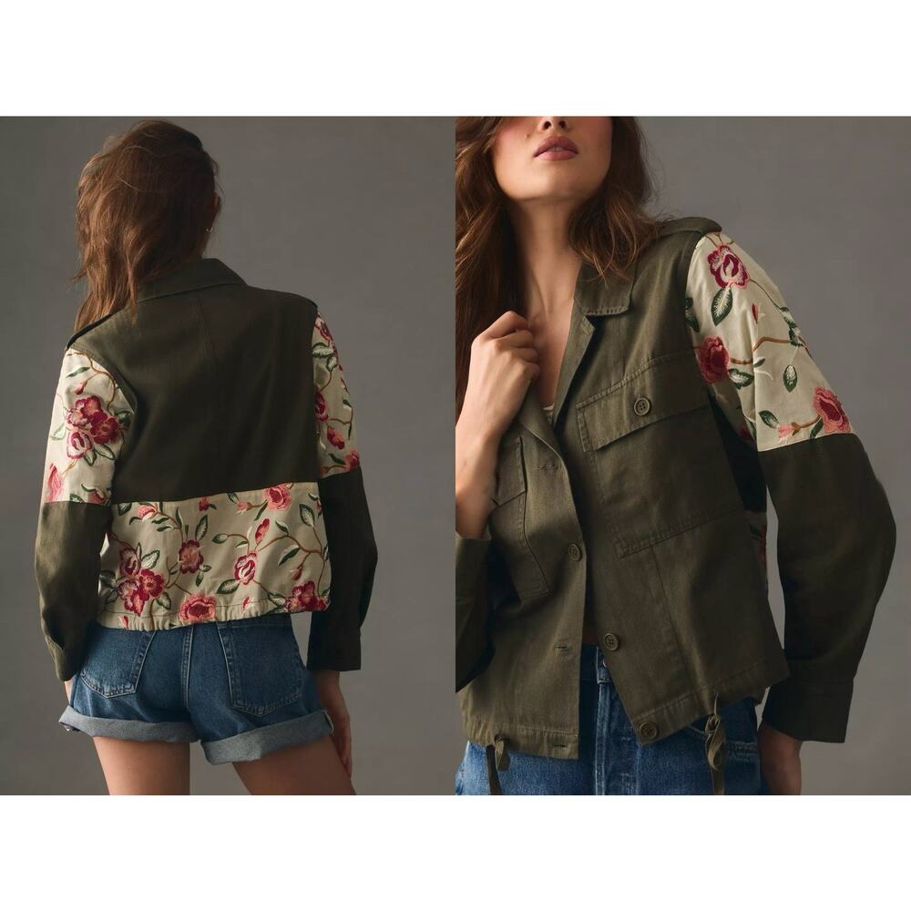 Anthropologie Tiny Leslie Utility Jacket — M Olive Embroidered Floral Chore Coat